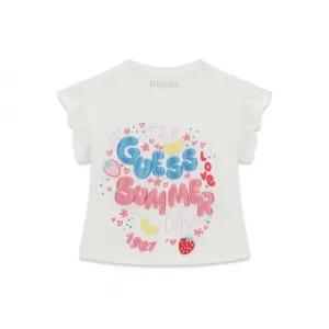Бяла тениска за мини момиче с многоцветни надписи Guess Summer