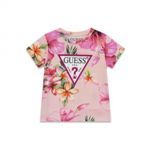 Розова тениска за мини момиче с цветя Guess