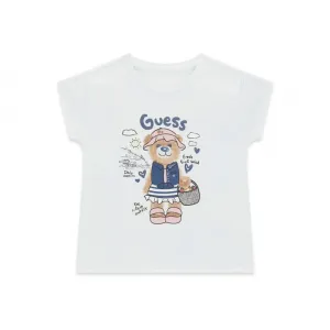 Тениска за мини момиче с цветно мече и син надпис Guess