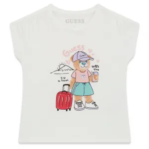 Бяла тениска за мини момиче с цветно мече и розов надпис Guess
