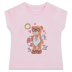 Розова тениска за мини момиче с цветно мече и бял надпис Guess