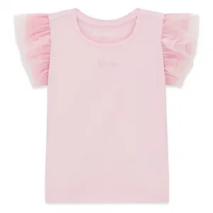 Розова тениска за мини момиче с шифонени ръкави и бродиран надпис Guess