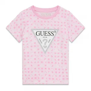 Розова тениска за мини момиче с констрастни лога и сребристо лого Guess
