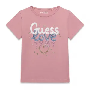 Тениска в тъмно розов цвят за мини момиче Guess Love с глитери