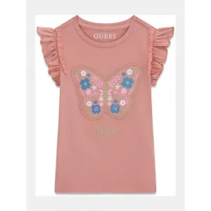 Розова тениска с бродирана пеперуда за мини момиче Guess