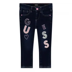 Деним панталон Skinny fit за мини момиче с розови бродирани букви с пайети Guess