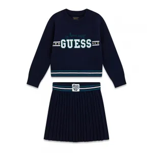 Детски плетен комплект от две части Guess – Тъмносин пуловер с плисирана пола