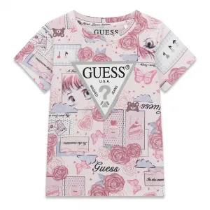 Розова тениска за мини момиче с пеперуди и рози със сребристо лого Guess