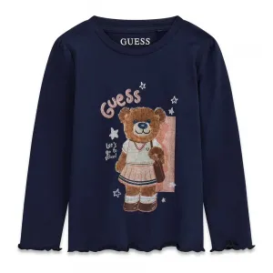 Тъмно синя блуза за мини момиче със сладко цветно мече Guess