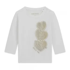 Бяла блуза за мини момиче с голям златист надпис Guess