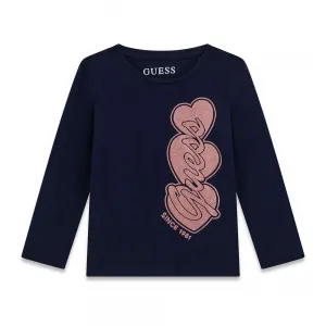 Тъмно синя блуза за мини момиче с голям розов надпис Guess