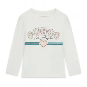 Бяла блуза за мини момиче с розов надпис Guess и ментови детайли