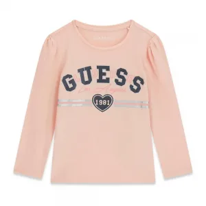 Розова блуза за мини момиче с тъмносин надпис Guess и сребристи детайли