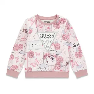 Блуза за мини момиче в розово с пеперуди и рози със сребристо лого Guess
