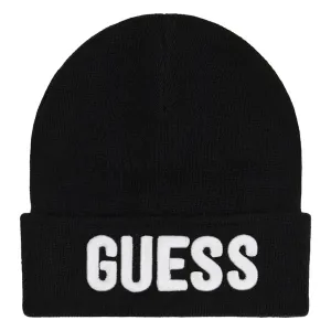 Детска плетена шапка Guess в черен цвят с голямо бяло лого отпред