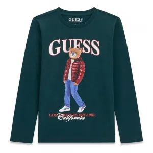 Детска памучна блуза с дълъг ръкав Guess Bear – тъмнозелена с мече
