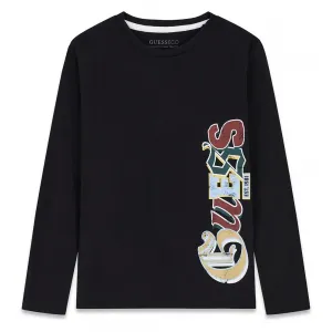 Черна блуза за момче с многоцветен надпис Guess