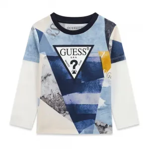 Детска блуза Guess Geometric Triangle – синьо-бял абстрактен принт