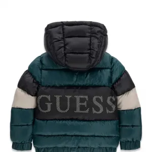 Детско дебело зимно яке GUESS в колор-блок дизайн – Изумруденозелено, черно и екрю