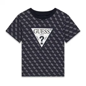 Тъмно синя тениска за мини момче с контрастни лога Guess 