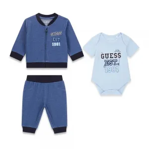 Бебешки комплект Guess за момче от 3 части: суичър, панталон и боди в цвят деним меланж